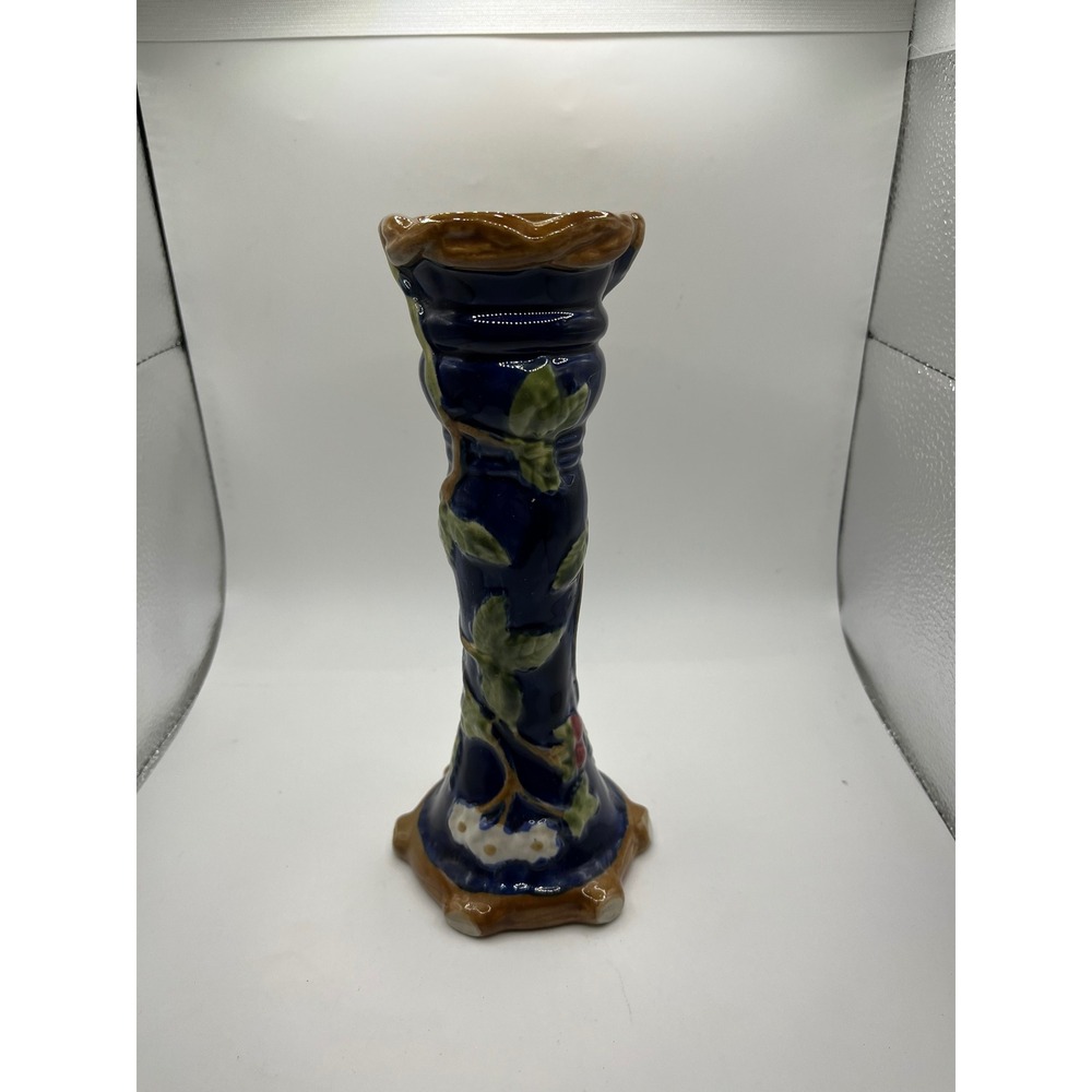 Vintage Ceramic‎ Candle Holder Blue Floral Vine Brown Trim Decor Pillar